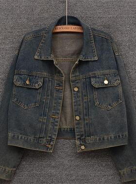 韩国覆古深蓝色短款牛仔外套春秋新款百搭显瘦气质牛仔服女装上衣