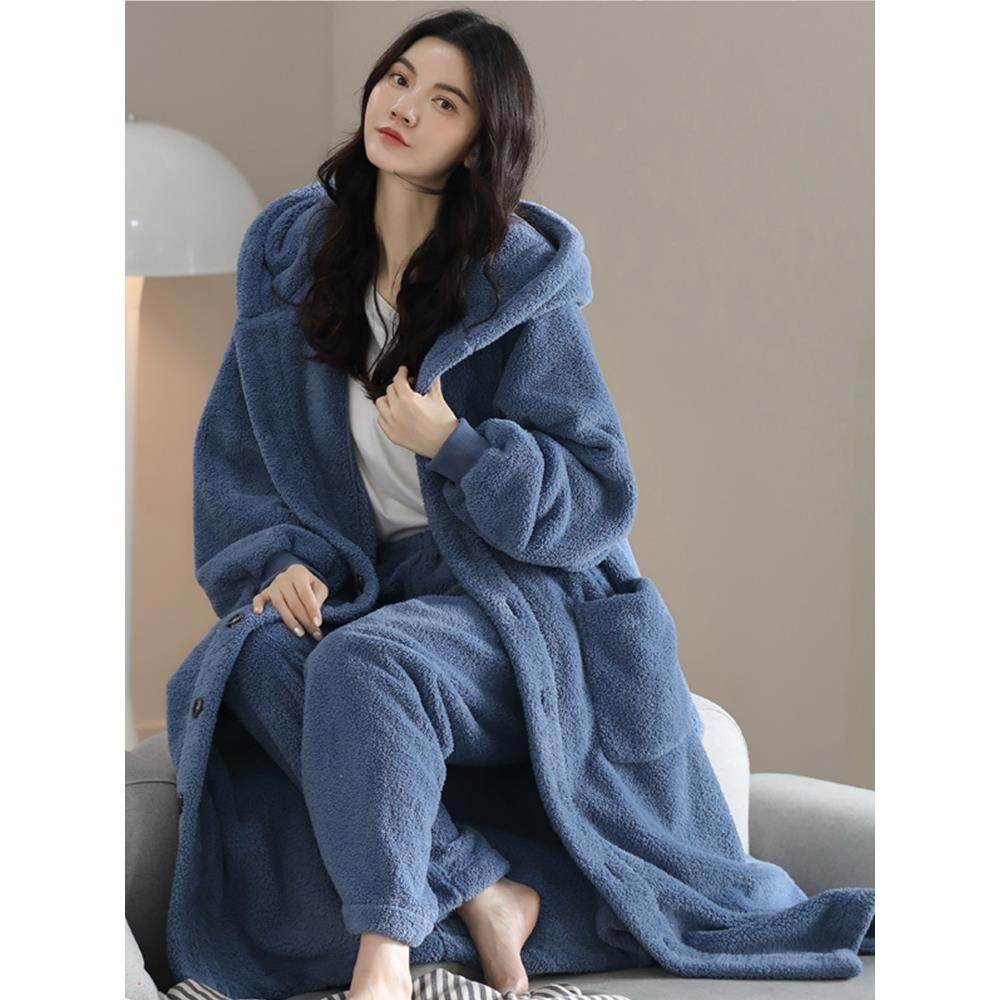 家居服女秋冬季珊瑚绒睡袍加绒加厚中长款连帽浴袍冬天睡衣可外穿