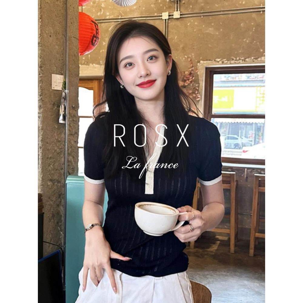 ROSX法式黑色polo衫正肩短袖t恤女夏季小众设计感短款冰丝针织衫