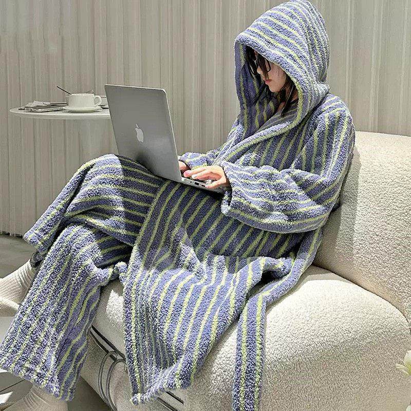 蓝屿学院！！Orange Sea！珊瑚绒保暖简约风条纹冬款睡袍女两件套