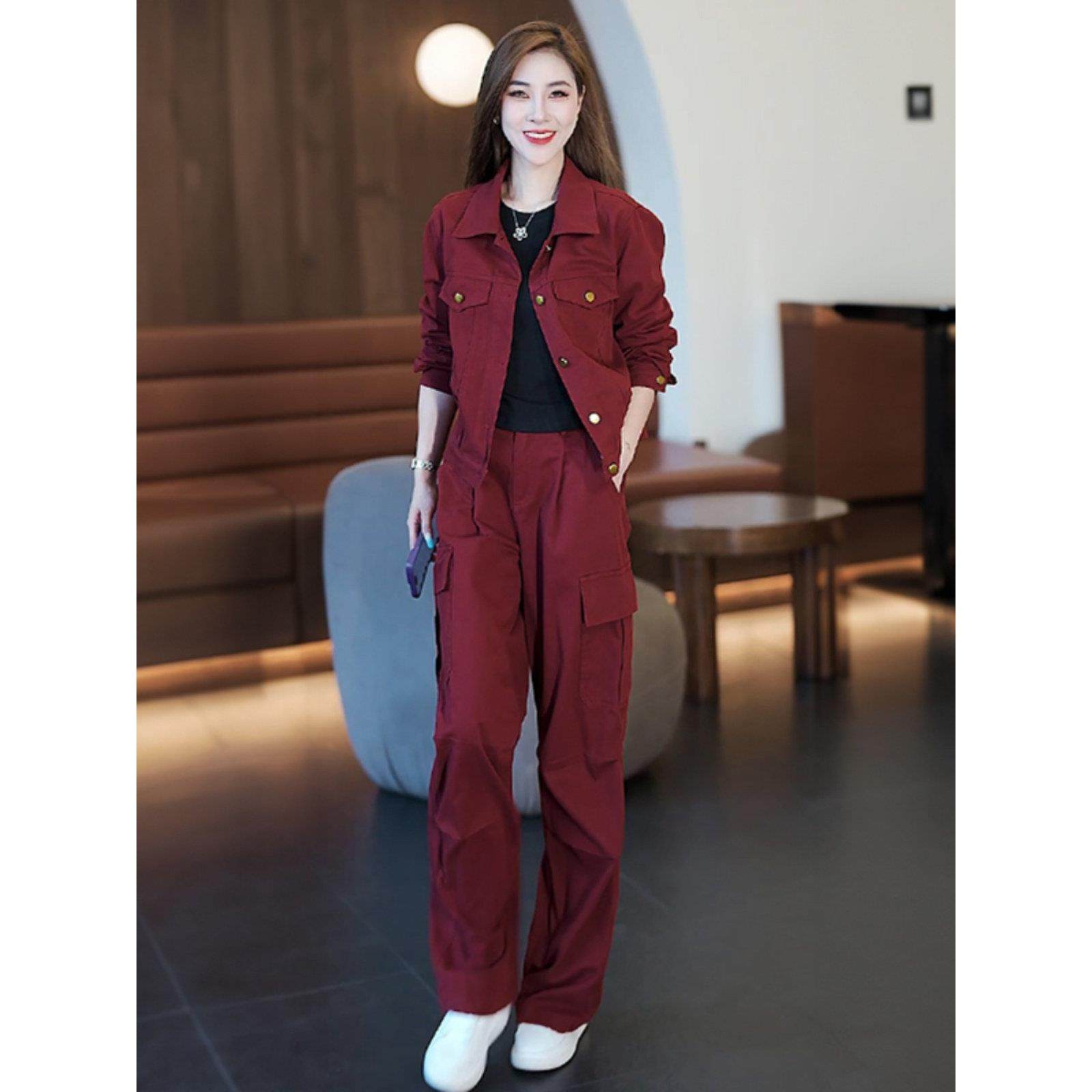 时尚休闲牛仔套装女2025秋季新款宽松洋气短外套工装阔腿裤两件套