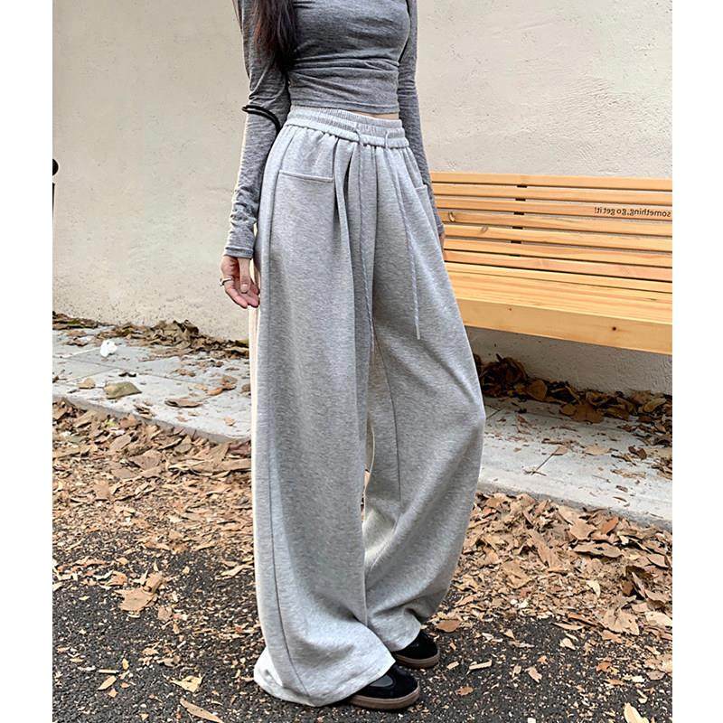 韩国灰色休闲裤女秋冬新款高腰显瘦阔腿裤慵懒风松紧腰抽绳卫裤子,女装/女士精品,卫裤,淘宝优惠券,粉丝福利购,淘宝优惠卷