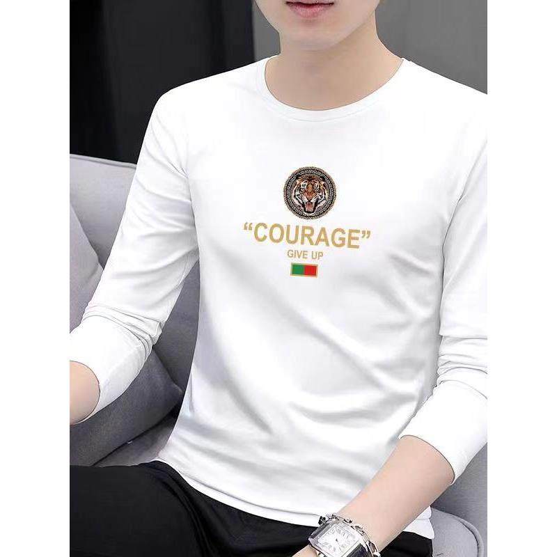 白色长袖t恤男春秋新款潮流圆领纯棉休闲修身男士薄款内搭打底衫