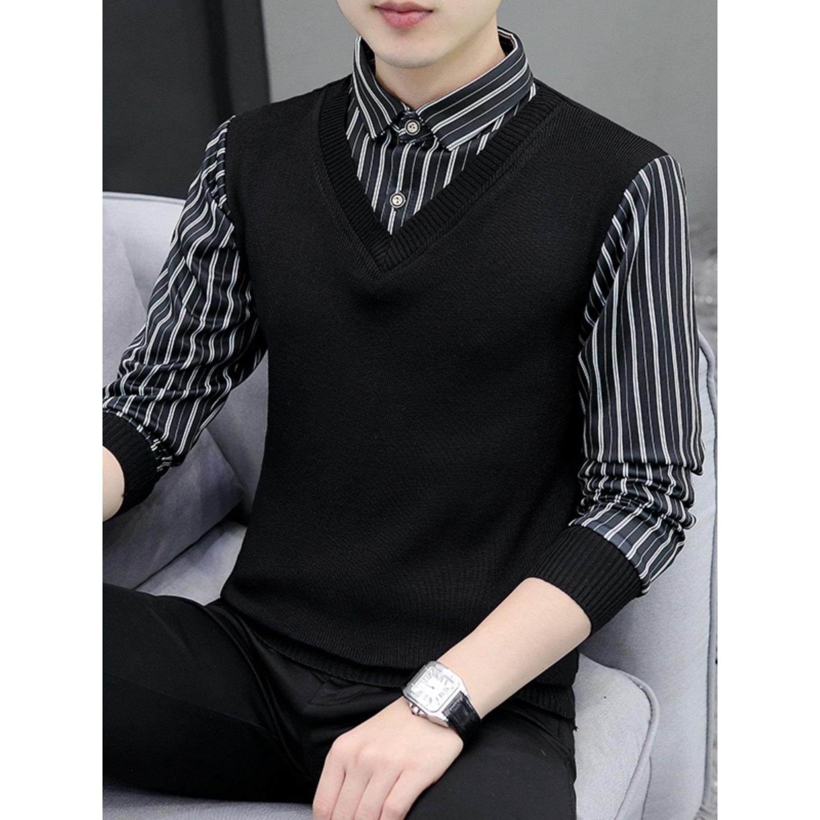 高级感条纹衬衫领毛衣男春秋季双领针织衫假两件衬衣加绒加厚上衣