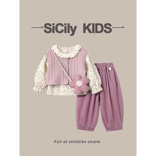 甜美花边碎花衬衫 SiCily 春秋新款 女宝套装 马甲韩系三件套潮 Kids