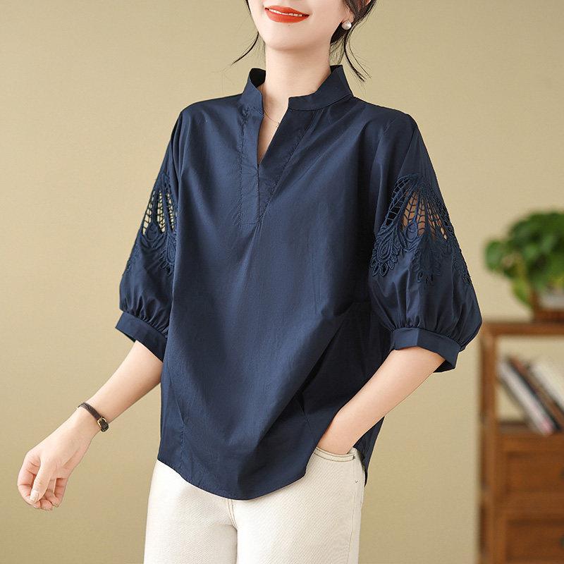 休闲短袖衬衫女夏季新款设计感镂空钩花女士V领棉绸中袖衬衣上衣