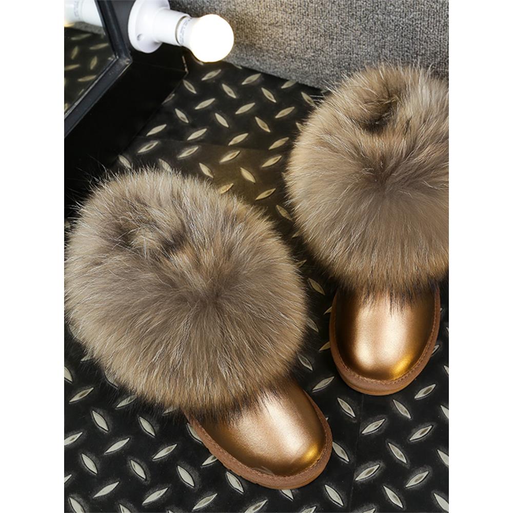 雪地靴女短筒狐狸毛真皮百搭冬季加绒加厚保暖棉鞋一脚蹬平底靴子