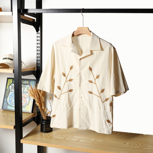 精致刺绣棉麻混纺夏季男士文艺复古宽松古巴领时尚休闲短袖衬衫