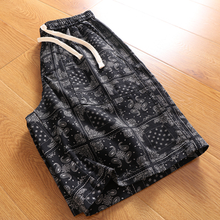 短裤 外贸全棉水洗抽绳运动休闲五分裤 男士 日系复古腰果花满印夏季
