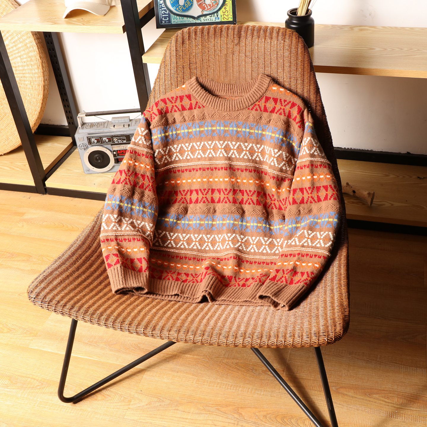 美式复古提花圆领针织衫