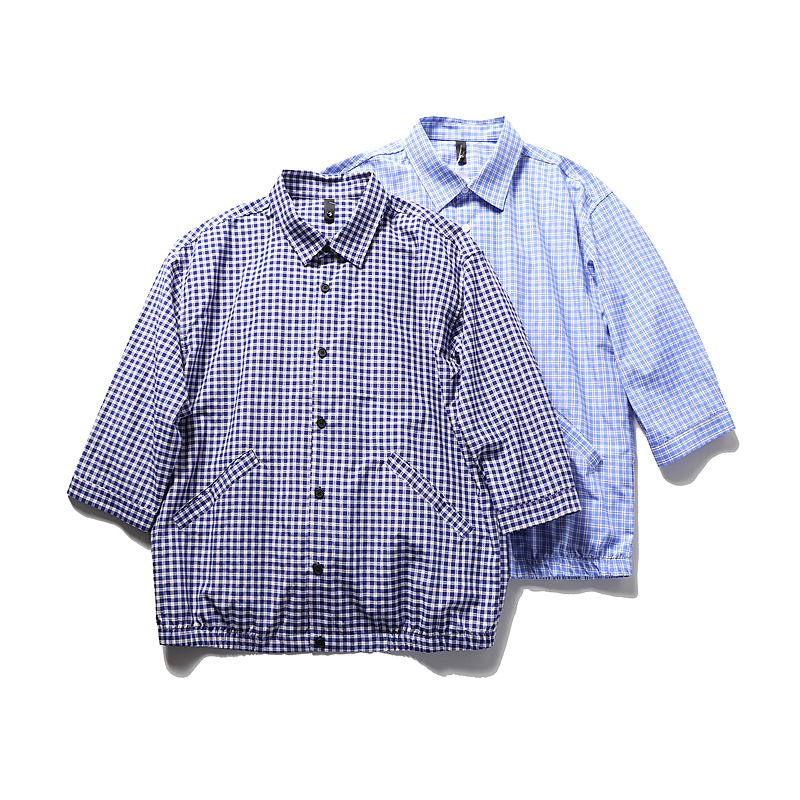 复古蓝色格子男女时尚七分袖衬衫