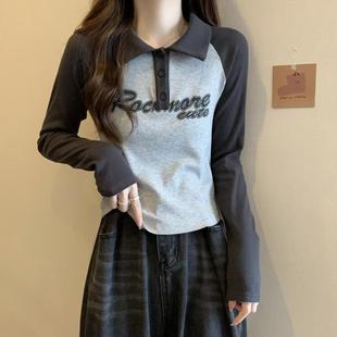 插肩长袖 少女大童短款 卫衣 新款 初中学生polo领T恤上衣2025春秋装