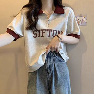 初中学生美式复古拉链Polo领短袖T恤女夏季女大童宽松半袖上衣服