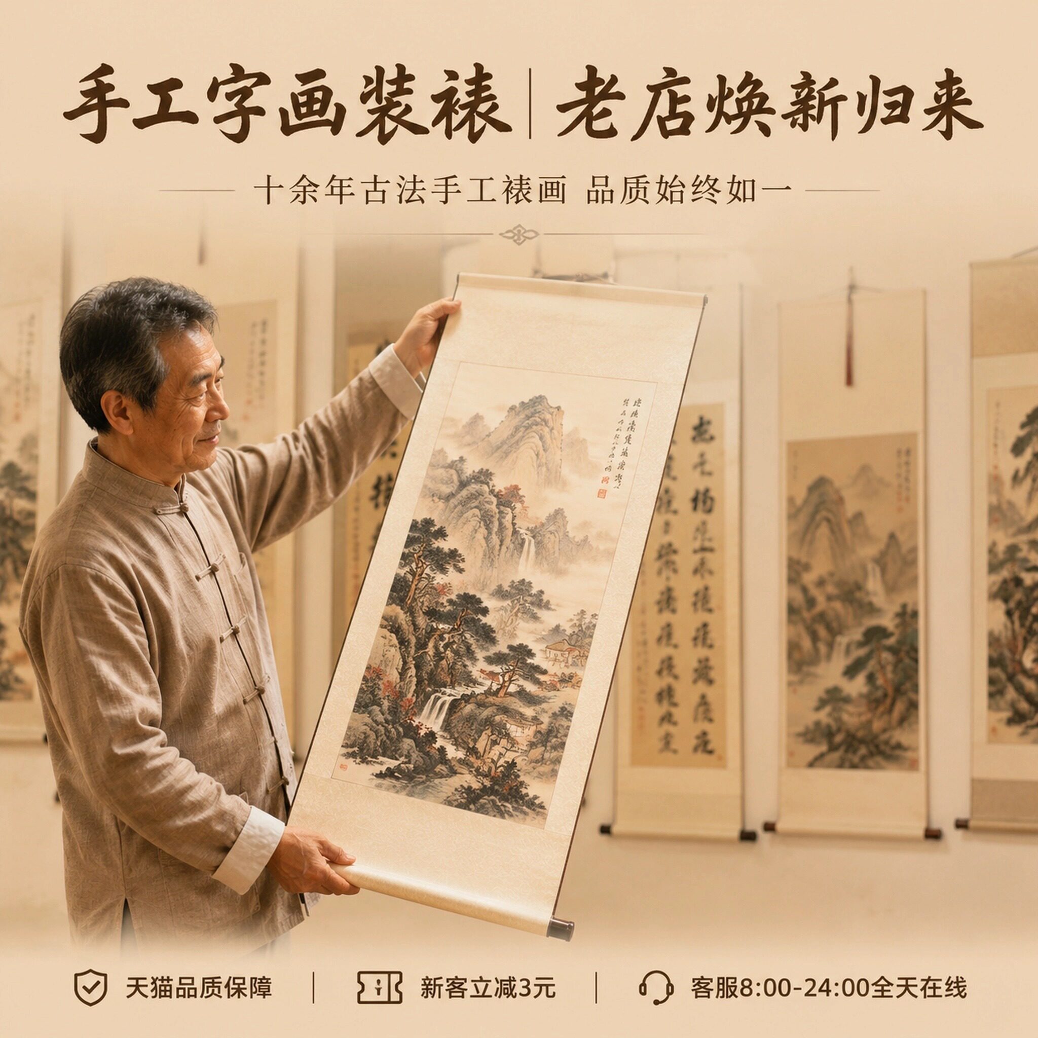 手工浆糊裱画古法字画装裱修复镜片横幅卷轴定制全国邮寄无痕揭裱