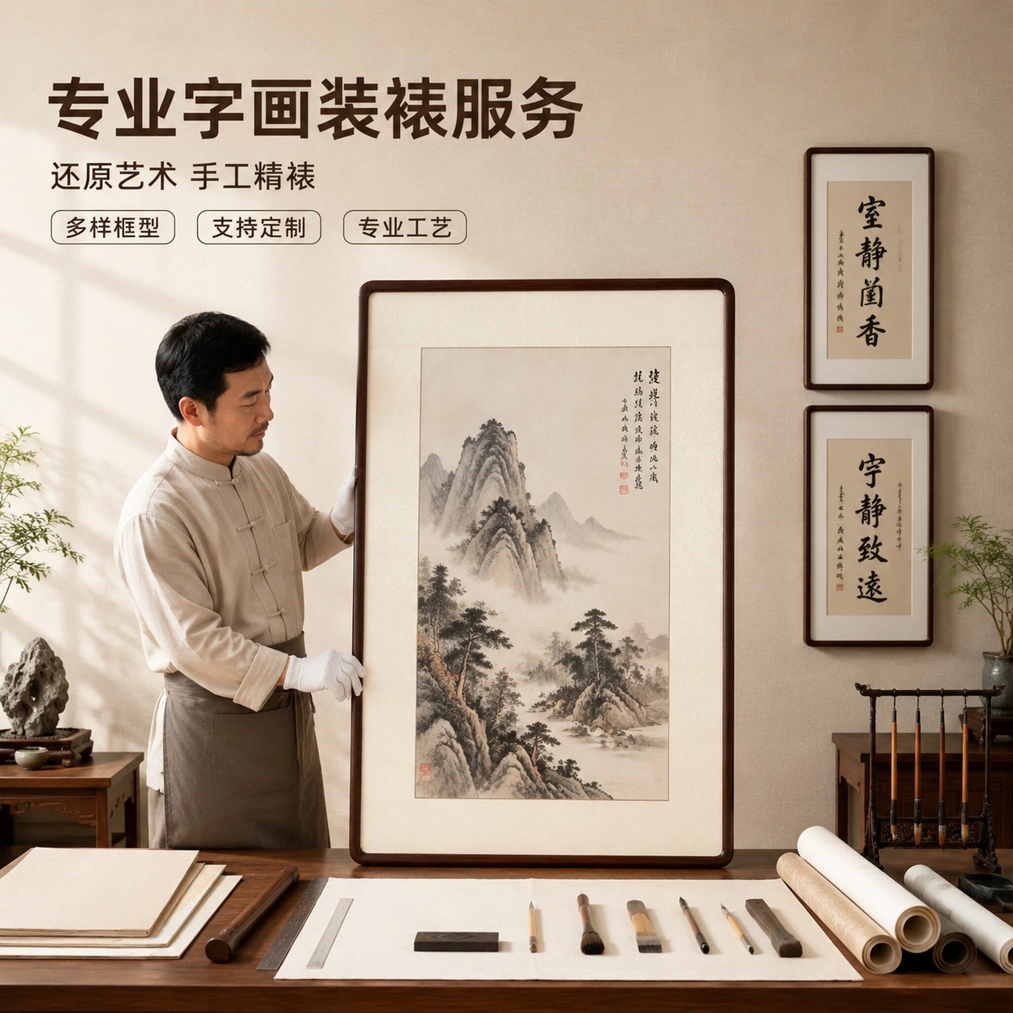 字画手工装裱配框专业揭裱修复国画书法横幅卷轴立轴镜片手工托芯