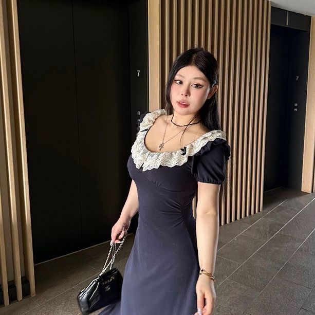 微胖MM夏季大码女装2025纯色蕾丝法式显瘦方领气质连衣裙收腰裙子