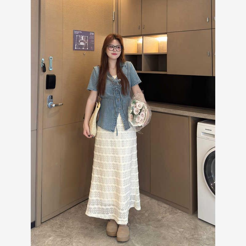 大码胖mm女装时尚绑带牛仔衬衫正肩V领短袖夏季新款显瘦收腰上衣
