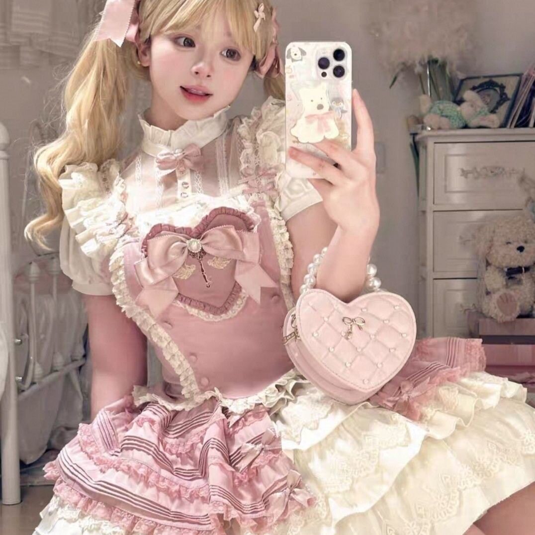 洛丽塔新款小个子连衣裙魔法少女裙分体三件套装杏粉修身型