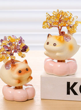 发财转转黄水晶发财树送同事礼物办公室礼品新款可爱小猫摆件创意