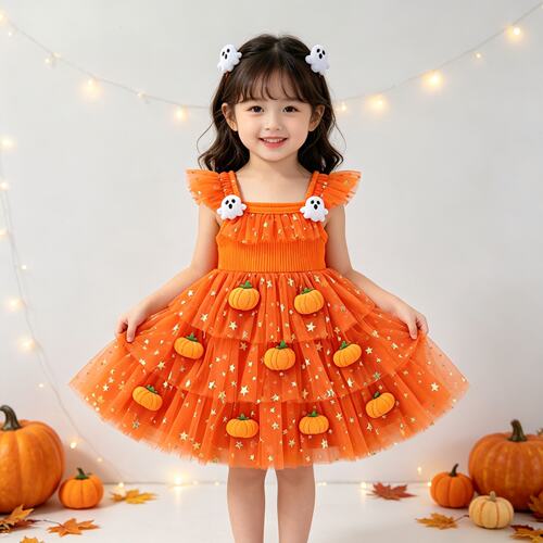 万圣节儿童服装中小女童宝宝cos幽灵南瓜公主裙Halloween装扮礼服