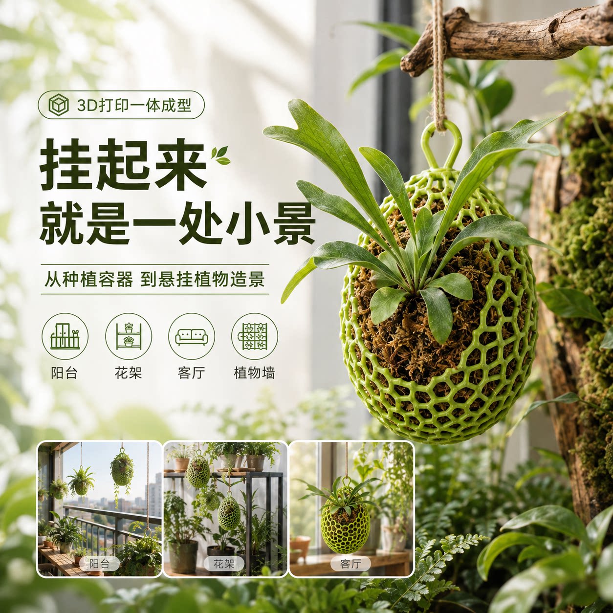 3D打印蛋形透气花盆专为附生植物鹿角蕨蝴蝶兰设计悬挂式养花神器