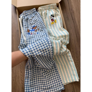 蓝色格子裤遛弯裤阔腿裤子休闲夏日凉凉裤防蚊裤空调裤可爱卡通