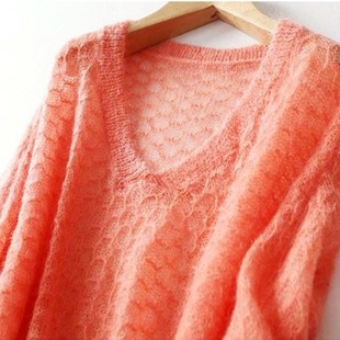 马海毛镂空长袖针织衫女宽松V领套头罩衫粉红色薄款外穿毛衣春秋