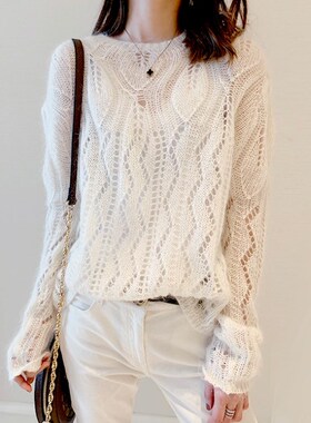 春款圆领宽松马海毛毛衣女欧货套头镂空薄款毛衣针织衫洋气气质