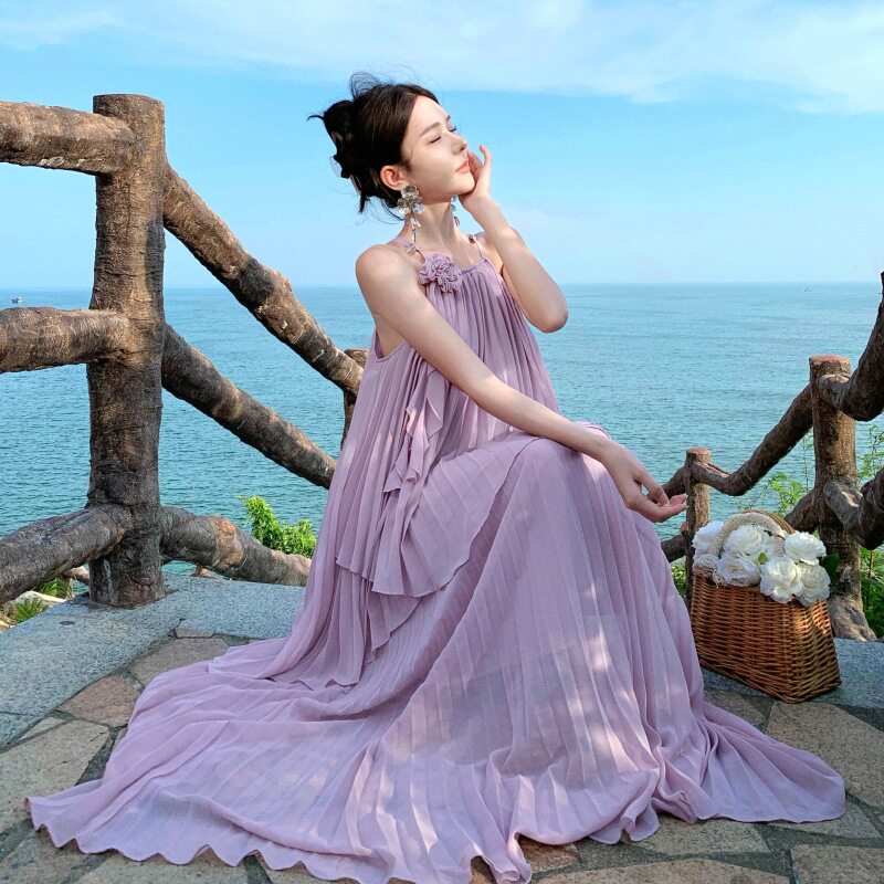 AZM海边度假裙吊带上衣+风琴褶半身裙子两件套旅游穿搭沙滩裙紫色
