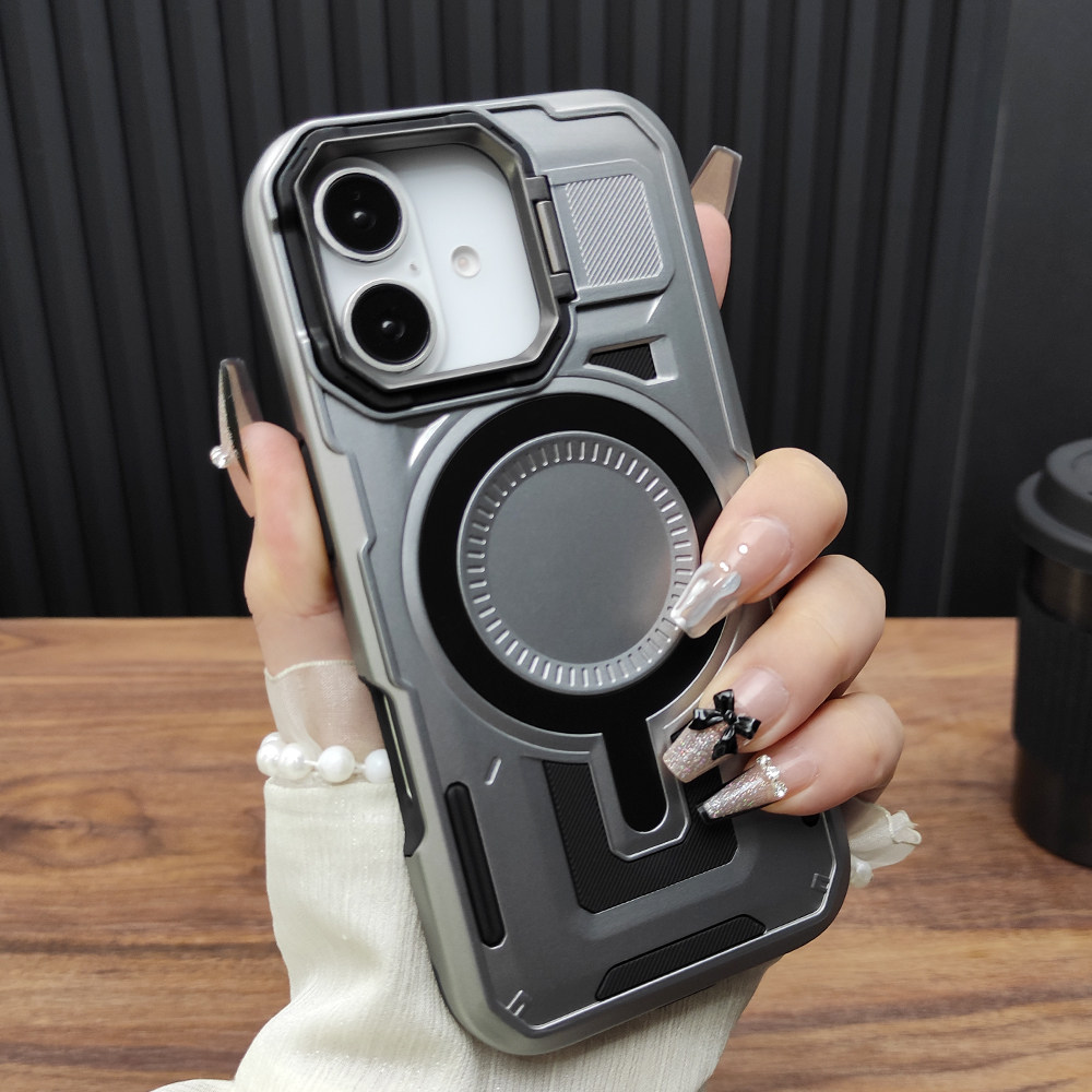 适用苹果16手机壳iPhone15ProMax合金折叠支架14Plus气囊防摔13磁吸12防摔大孔机甲个性11保护套星光银C35