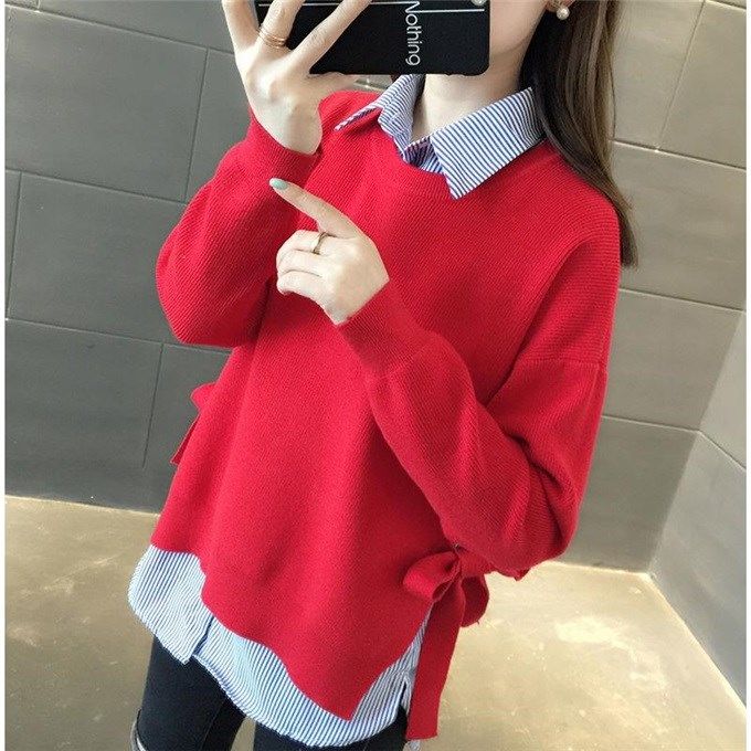 G【两件套】条纹衬衫+系带针织衫春装新款宽松大码打底毛衣套装女在类目 女装/女士精品, 毛衣中 - 来自Buy2taobao.com提供专业的淘宝代购服务