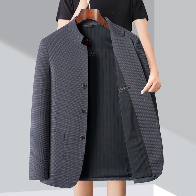轻奢中年男士立领休闲西服深灰色商务爸爸装单排扣外套西装外套男,男装,休闲西服,淘宝优惠券,粉丝福利购,淘宝优惠卷