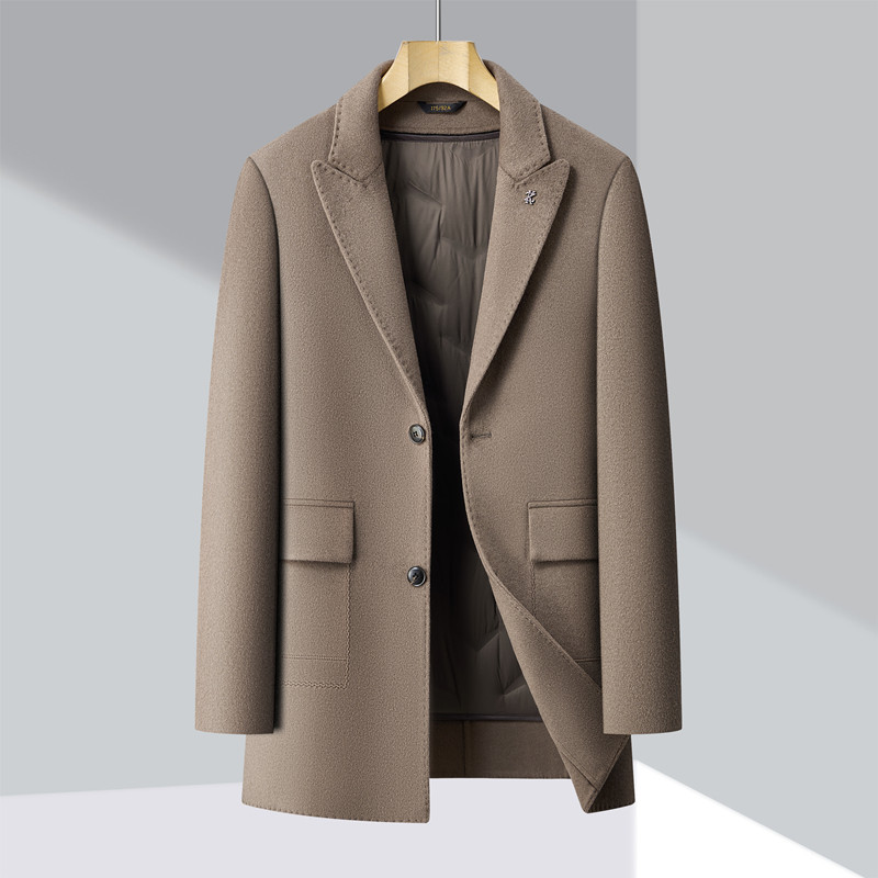 轻奢羊绒大衣男中长款西装领冬季男士加厚鹅绒内胆羊毛呢外套礼品