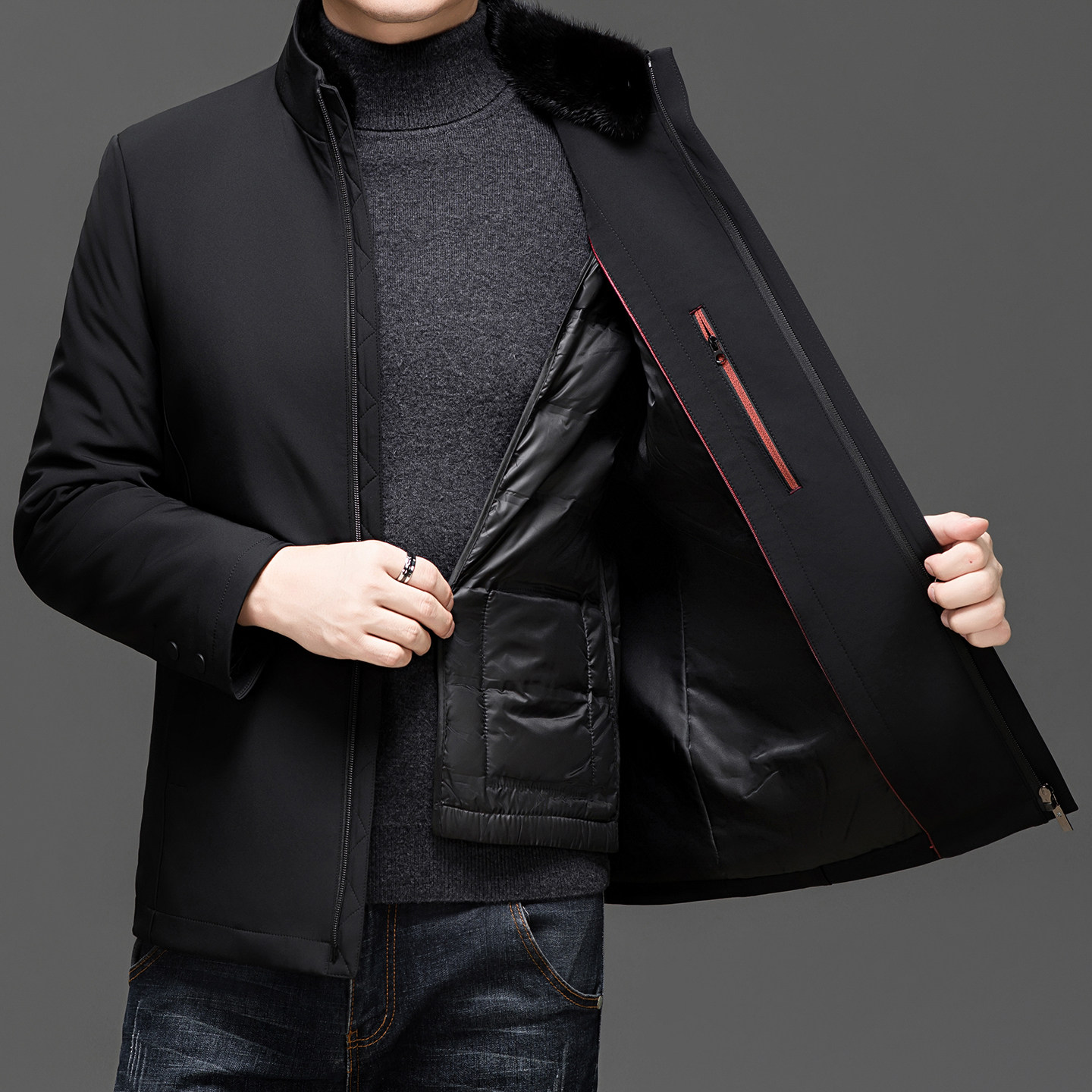 商务立领羽绒服男中长款可拆卸内胆加厚保暖黑色鹅绒外套可拆衣领