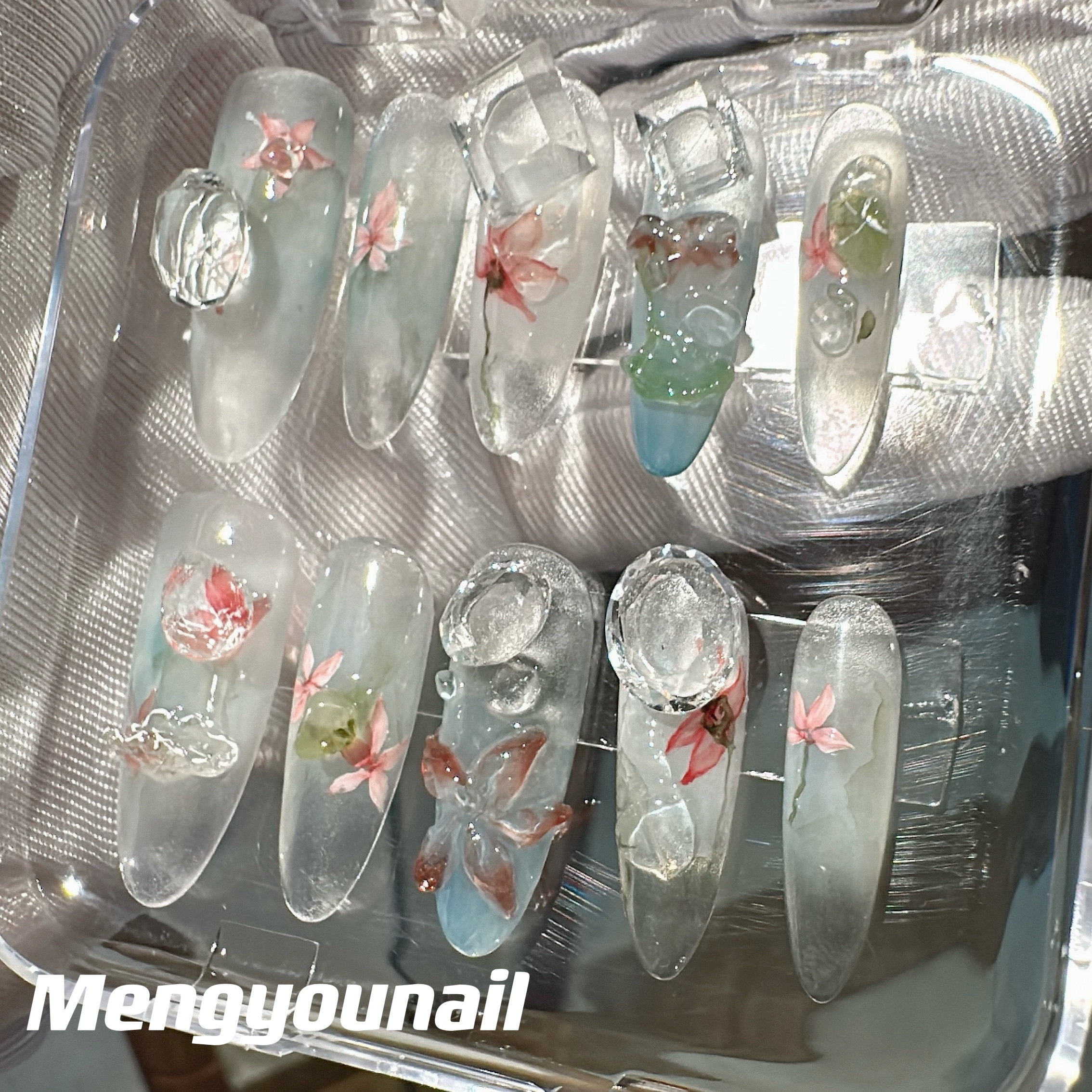 冰透荷花荷叶手绘透底钻立体造型纯手工穿戴甲定制