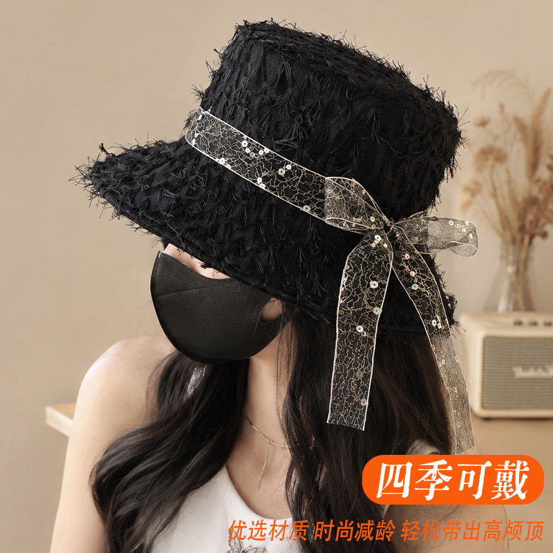 名媛风蕾丝系带宽檐渔夫帽女四季