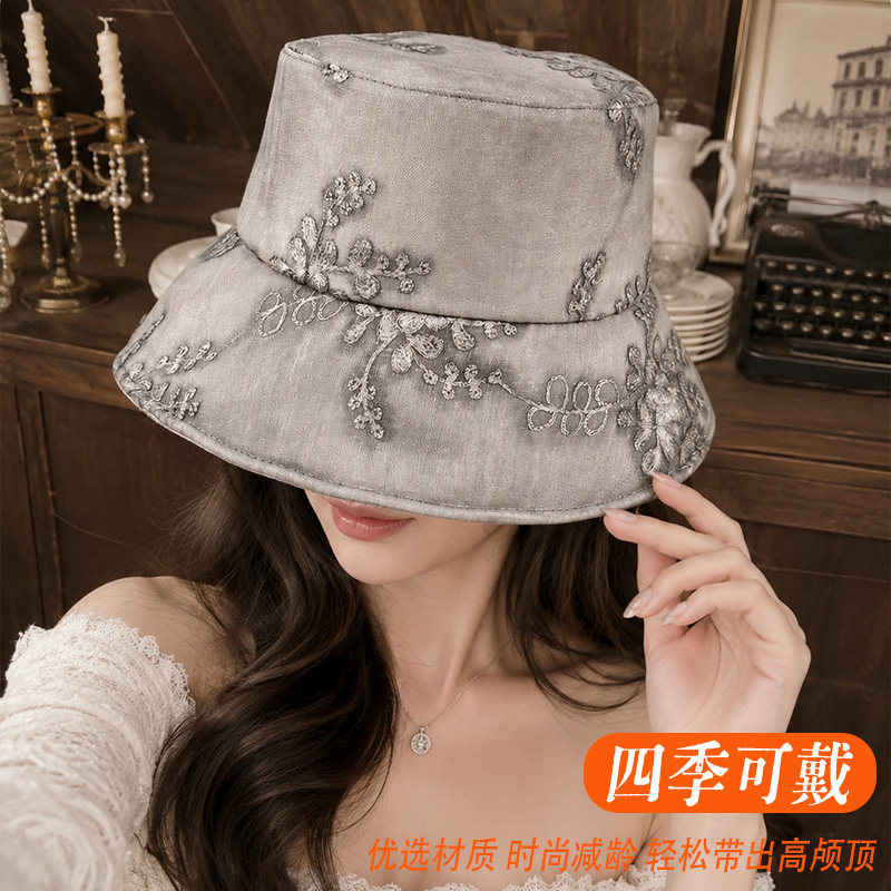 法式刺绣网纱渔夫帽女秋季防晒
