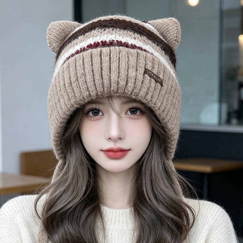 秋冬保暖猫耳护耳显脸小针织帽女