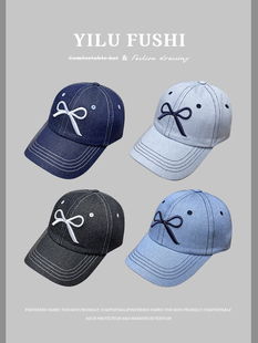 韩系蝴蝶结棒球帽女春夏款大头围牛仔鸭舌帽简约复古遮阳蓝色帽子