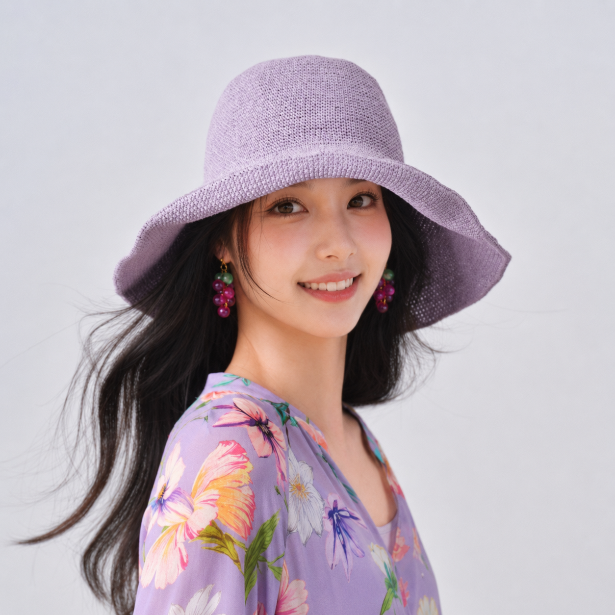 韩系时尚气质手工编织紫色遮阳帽子女夏季海边度假可折叠防晒草帽