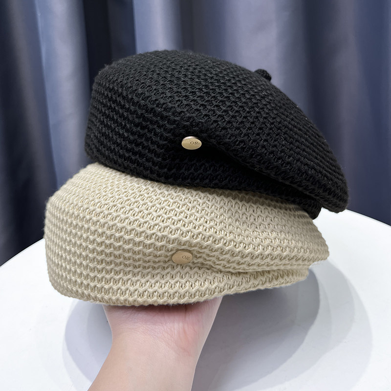 新款定型针织压褶贝雷帽子女款夏季镂空透气简约百搭显脸小可折叠