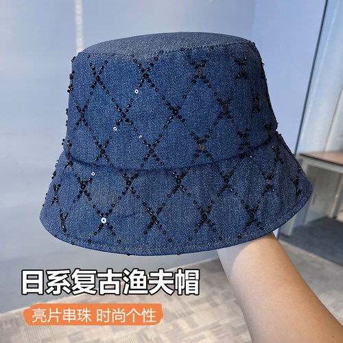 2025新款牛仔亮片串珠大头围帽