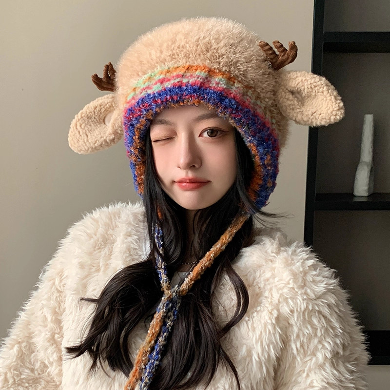 可爱卡通小鹿角毛绒帽女冬季保暖