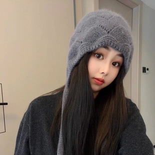 2025新款秋冬绑带韩系针织帽子女显脸小保暖护耳大头围毛线帽潮