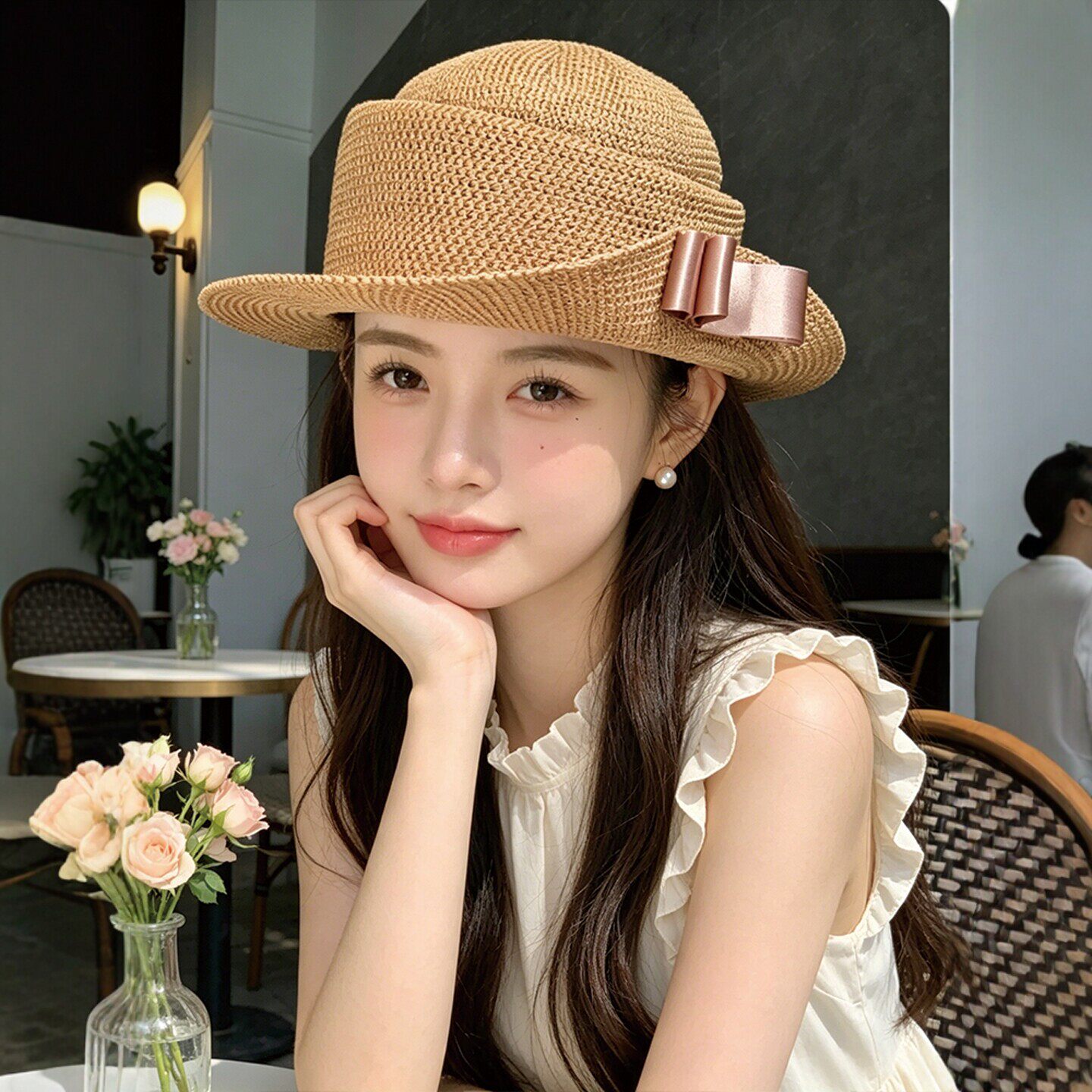 法式赫本风蝴蝶结遮阳草帽女