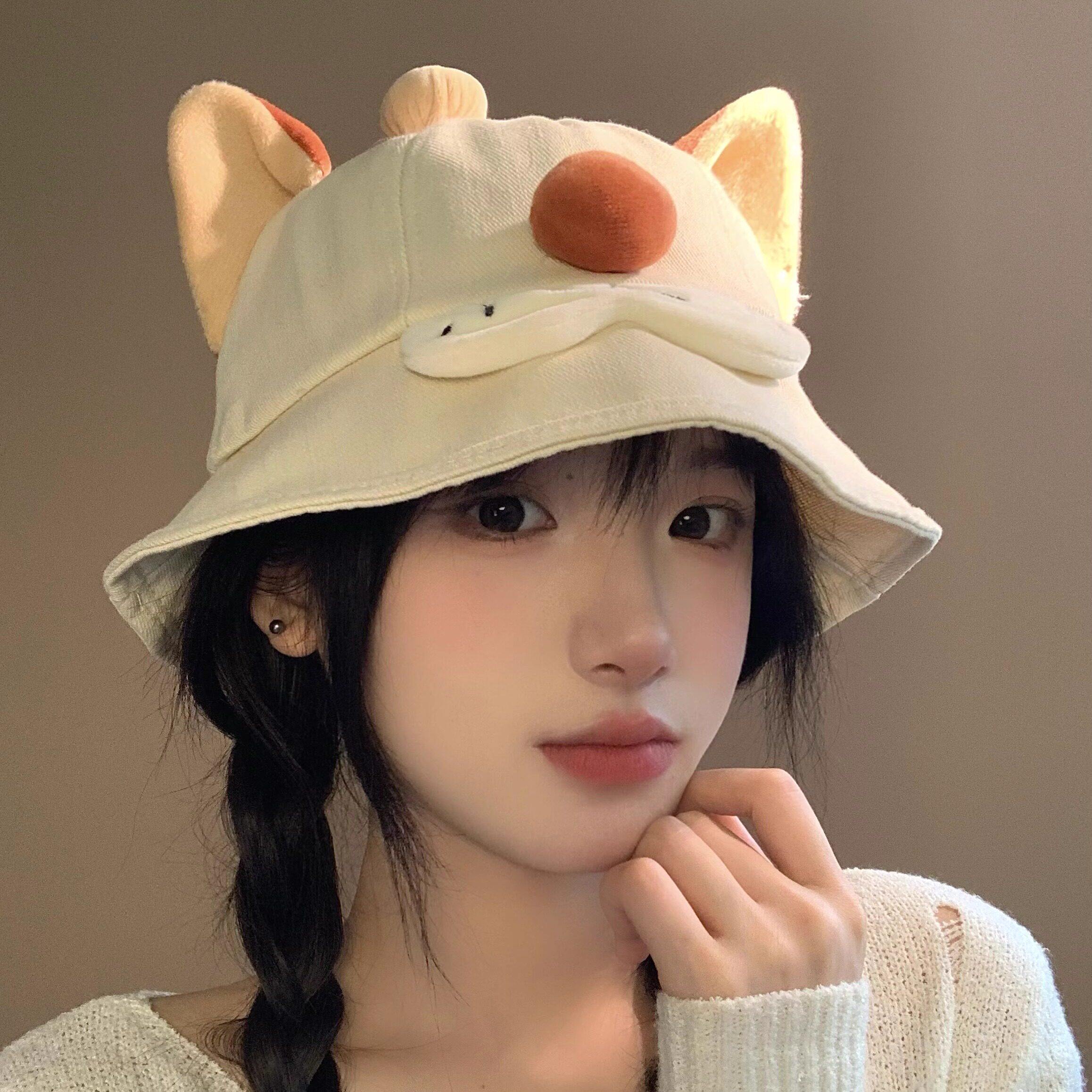 可爱卡通狐狸蘑菇渔夫帽女显脸小遮阳盆帽日系软萌夏季防晒帽子