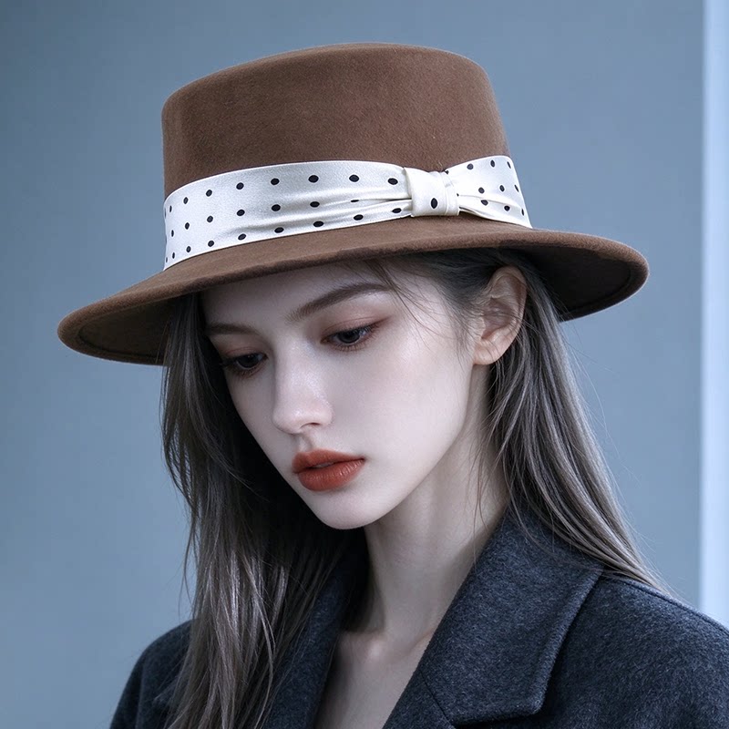 法式羊毛呢蝴蝶结平檐礼帽女秋冬