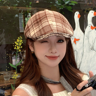 2026新款正流行日系格纹前进帽子女春秋款大帽檐显脸小画家鸭舌