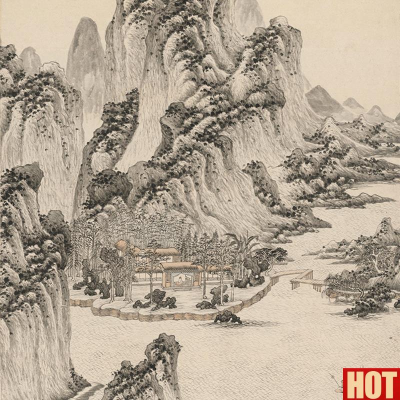 王鉴梦境图国画山水画竖幅水墨画仿古S画艺术微喷复制画宣纸画芯