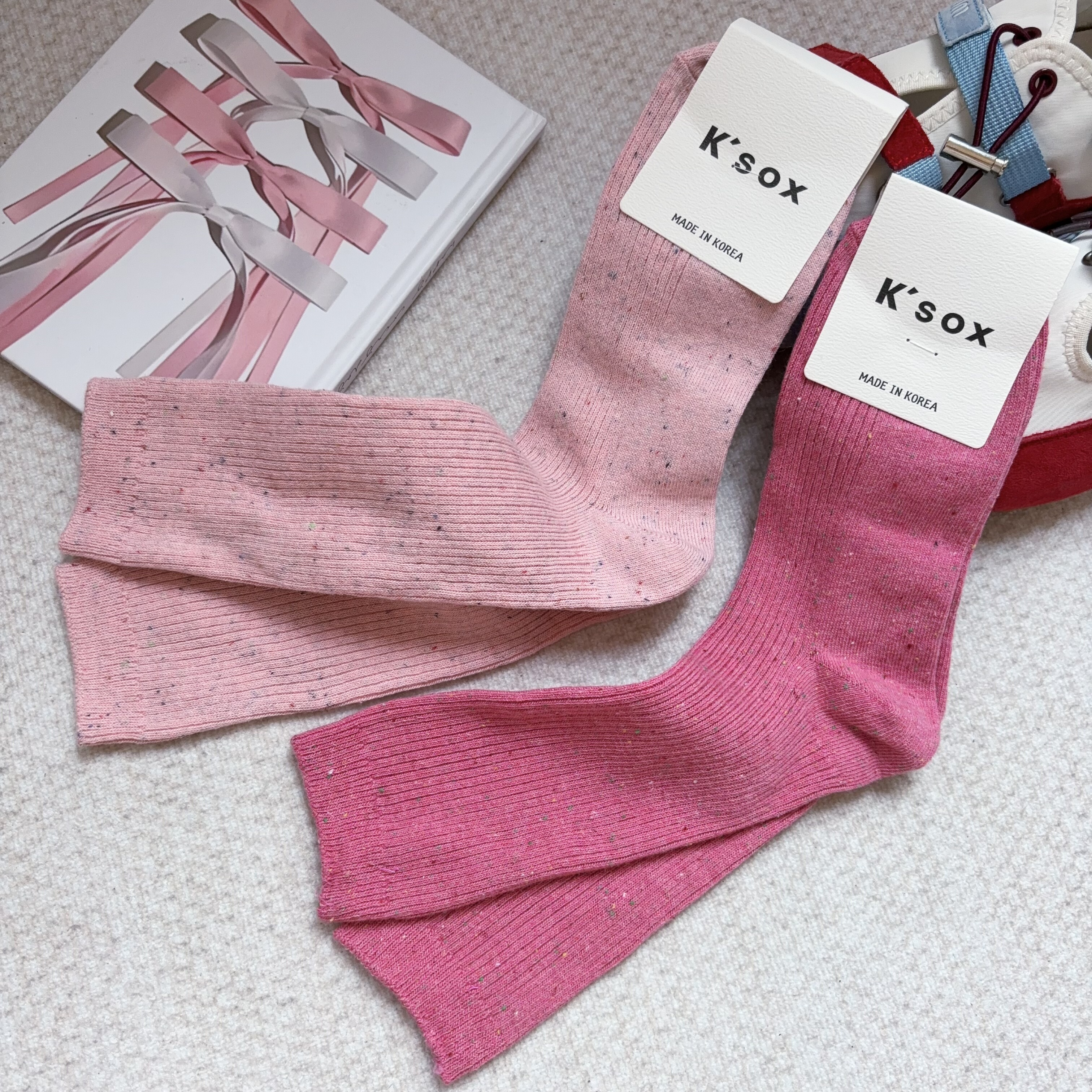 韩国东大门秋季玫粉色彩色点纱中高筒袜高弹力坑条纹糖果色堆堆袜